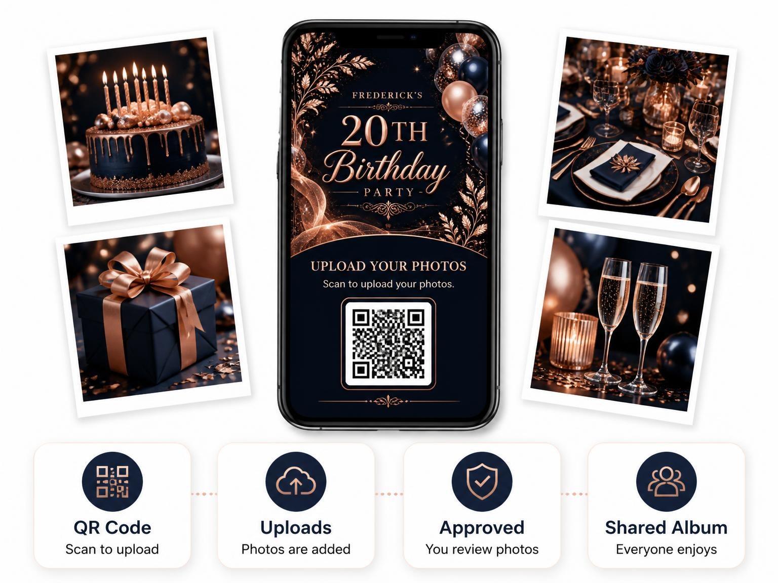 The shared photo gallery that comes with the Navy and Rose Gold 20th Birthday Invitation invitation