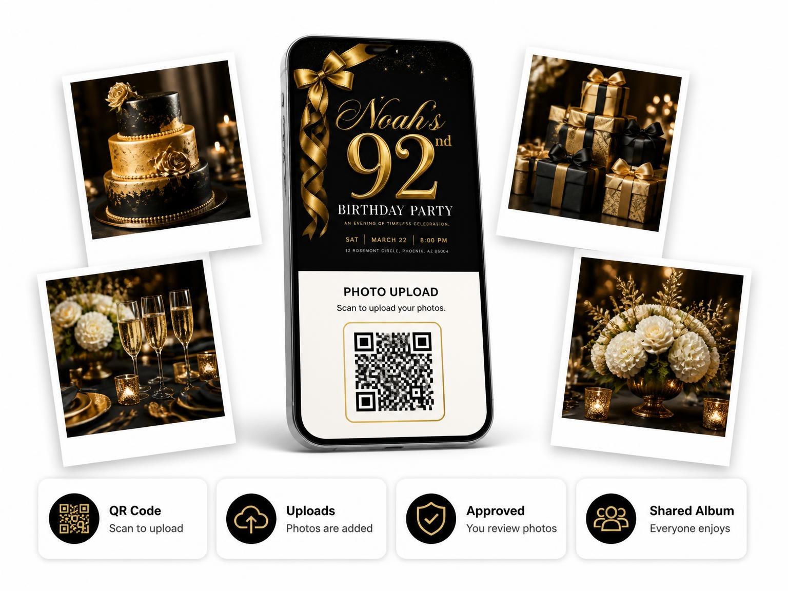 The shared photo gallery that comes with the Black and Gold Ribbon 92nd Birthday invitation