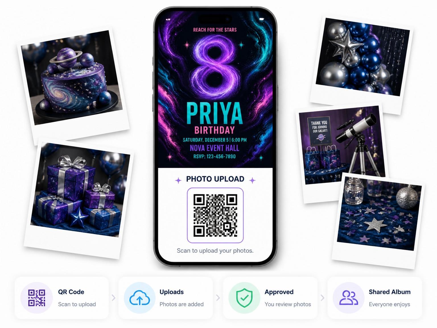 The shared photo gallery that comes with the Neon Nebula Galaxy 8th Birthday invitation