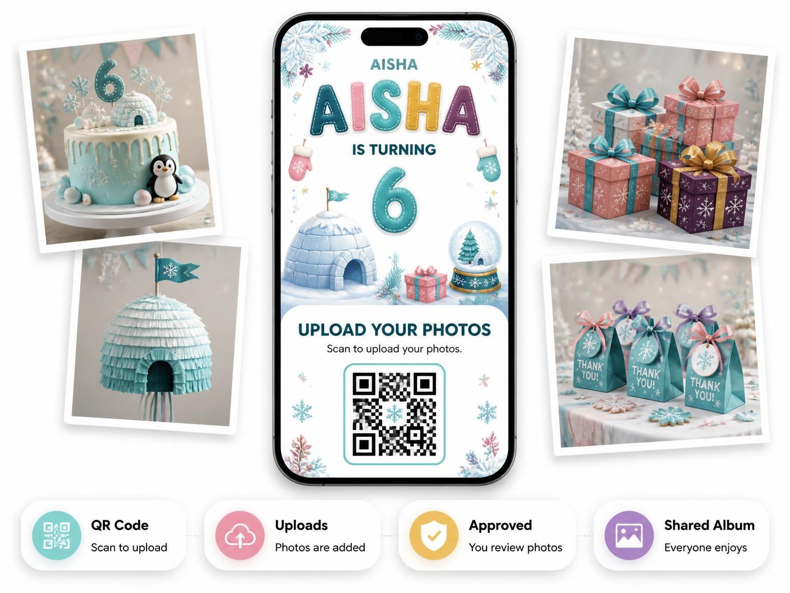 The shared photo gallery that comes with the Stitched Winter Polar 6th Birthday Invitation invitation