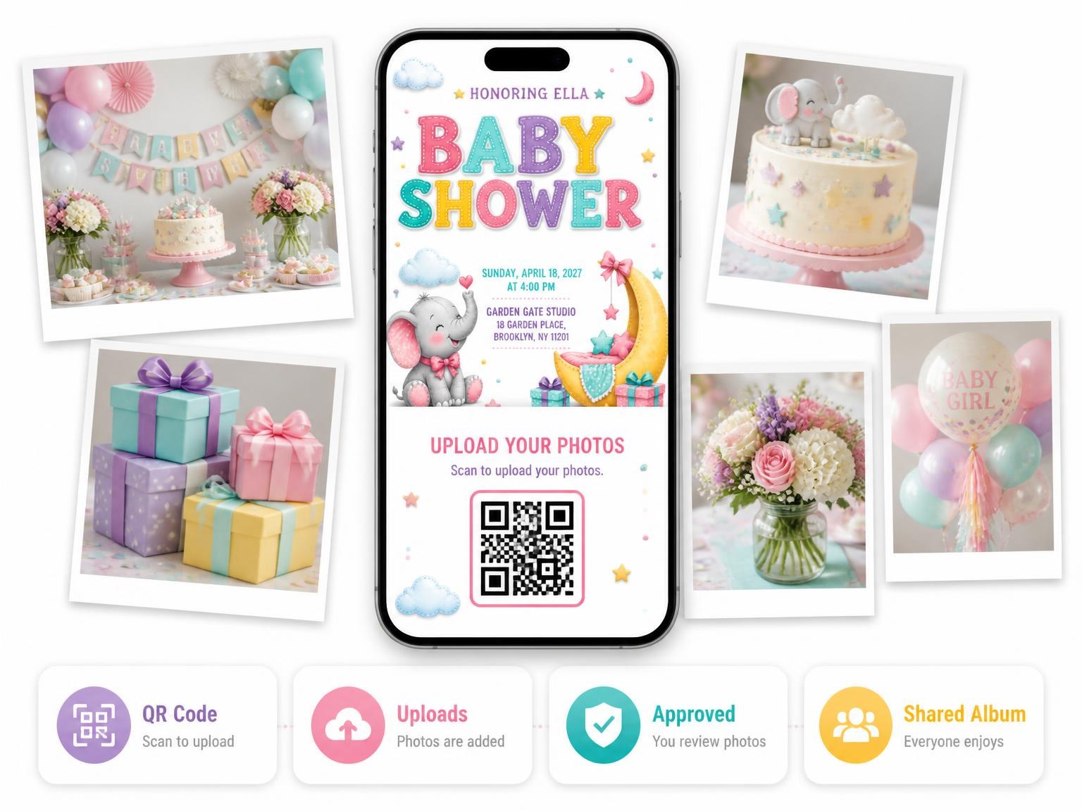 The shared photo gallery that comes with the Crescent Moon Baby Shower Invitation invitation