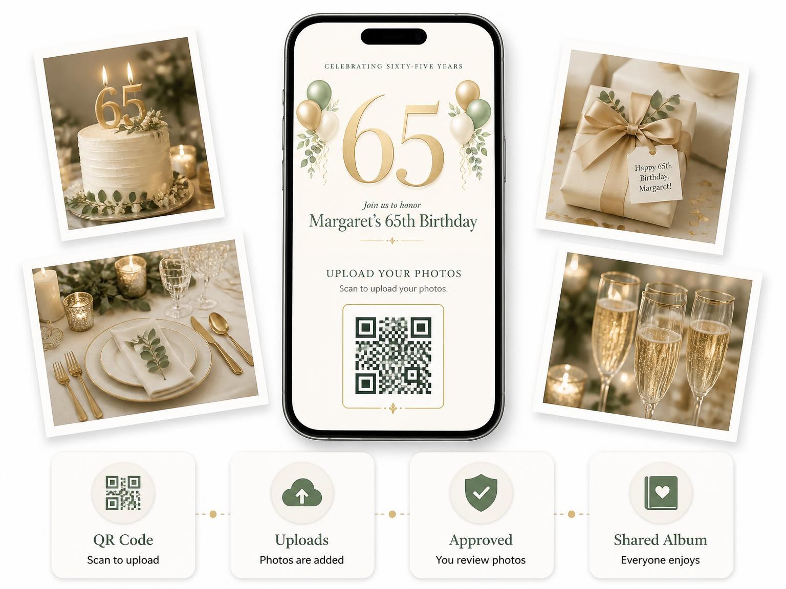 The shared photo gallery that comes with the Sage and Ivory 65th Birthday Invitation invitation