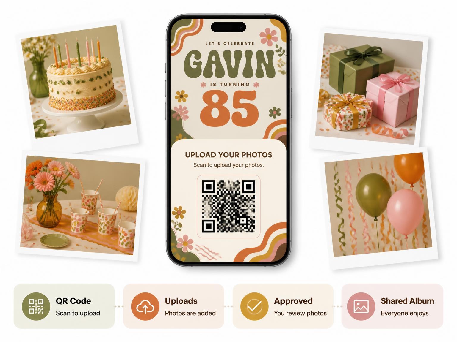 The shared photo gallery that comes with the Groovy Retro 85th Birthday Invitation invitation