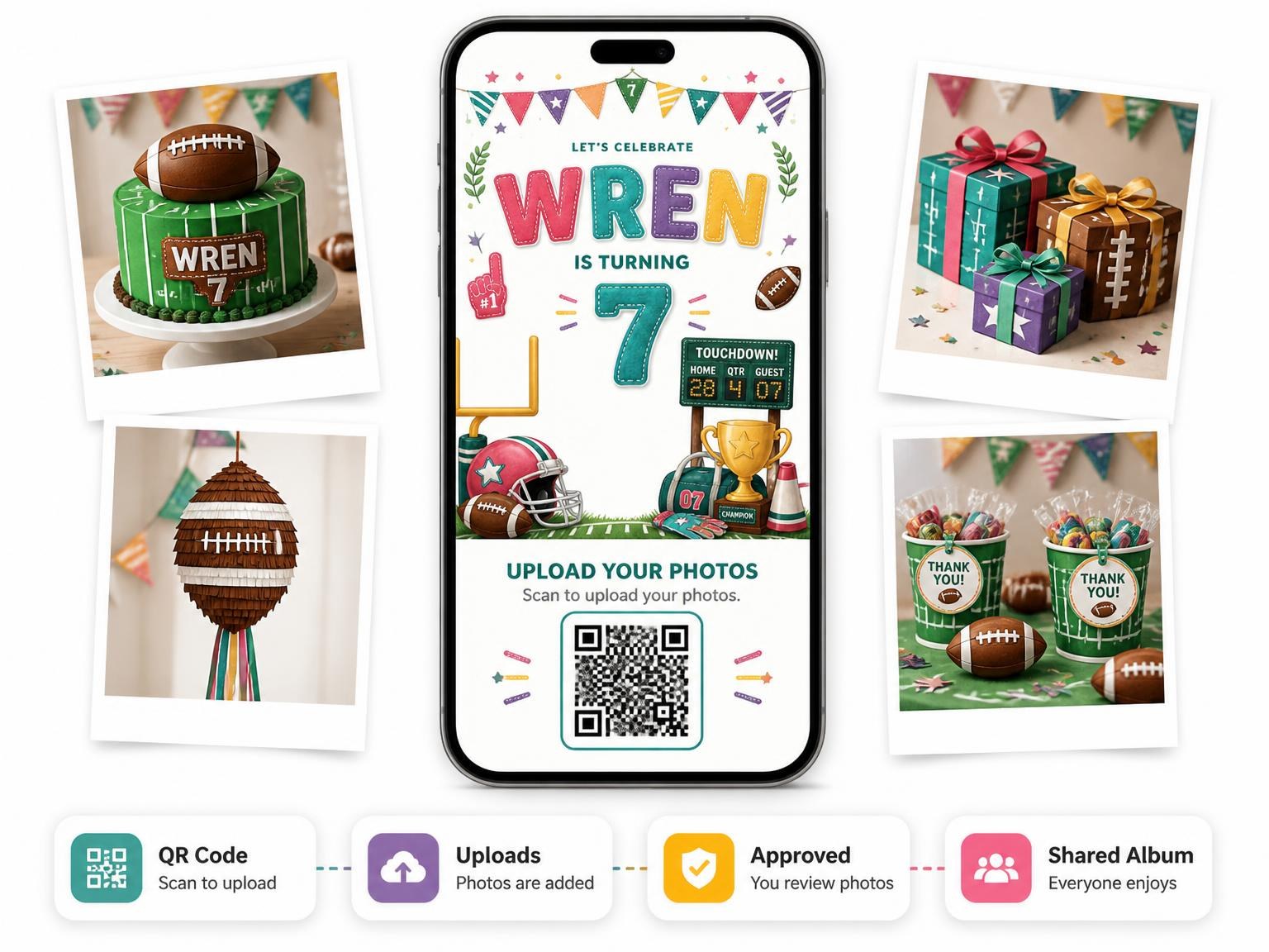 The shared photo gallery that comes with the Stitched Football 7th Birthday Invitation invitation