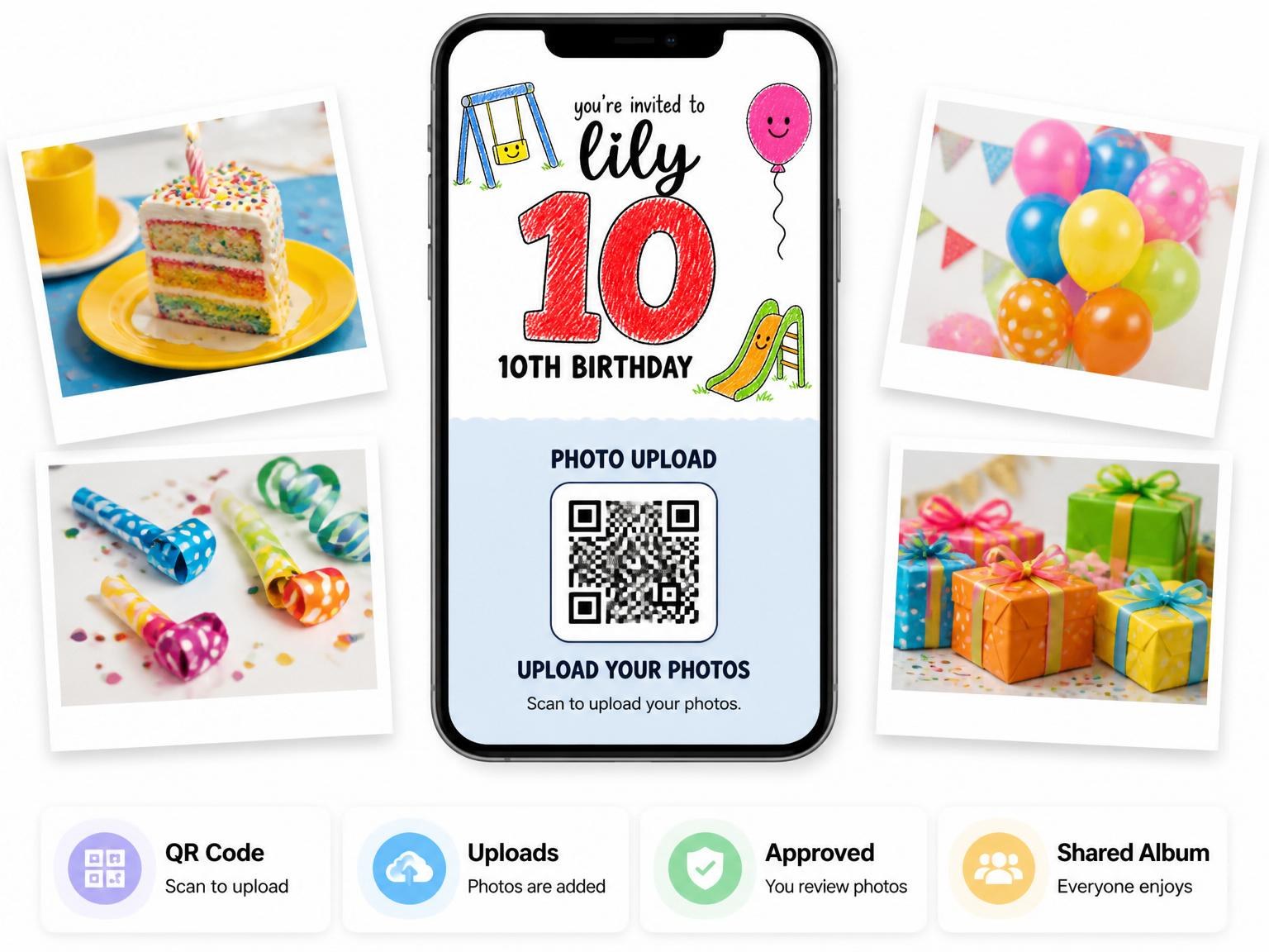 The shared photo gallery that comes with the Crayon Playground 10th Birthday invitation