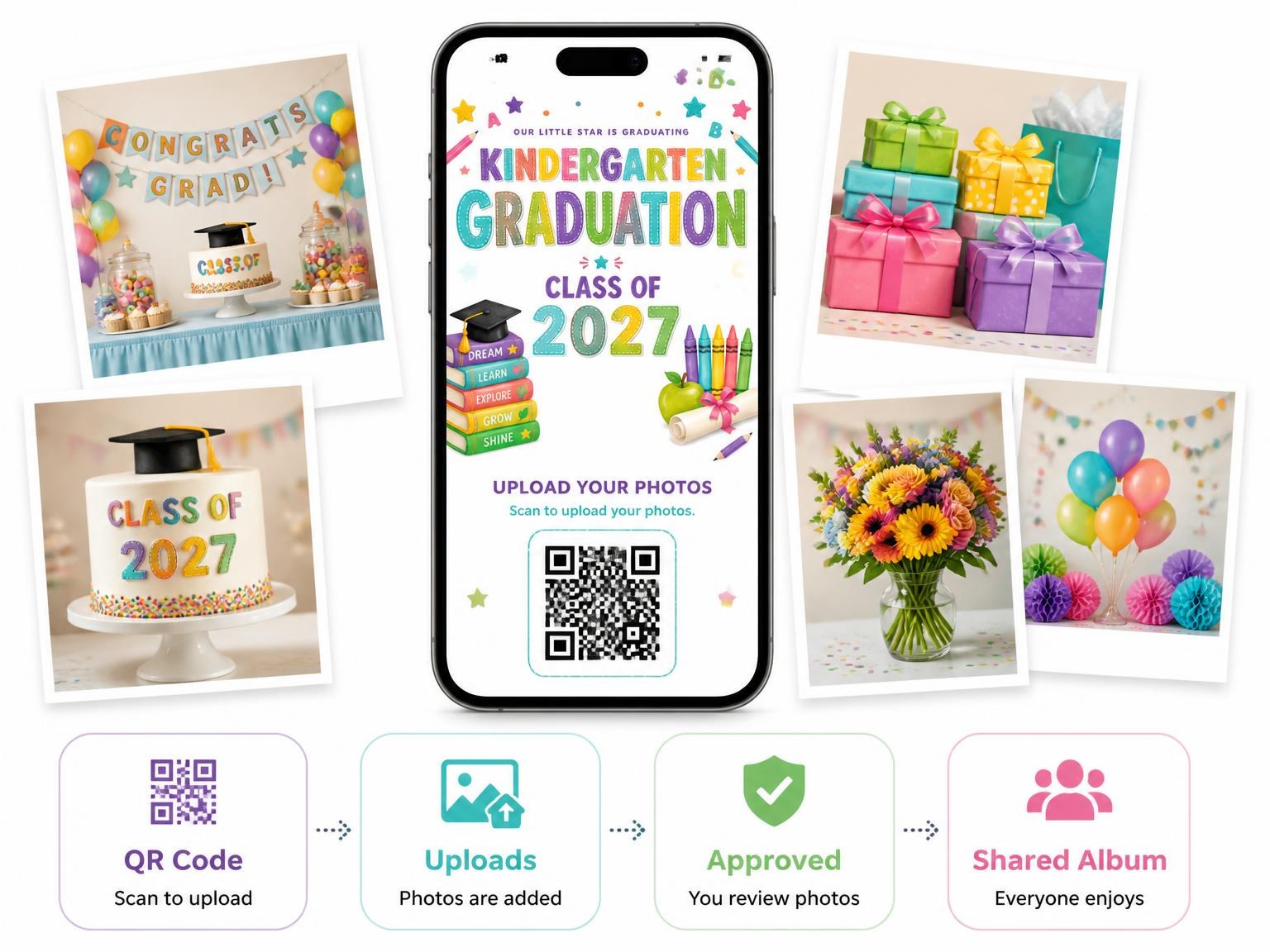 The shared photo gallery that comes with the Rainbow Kindergarten Graduation Invitation invitation