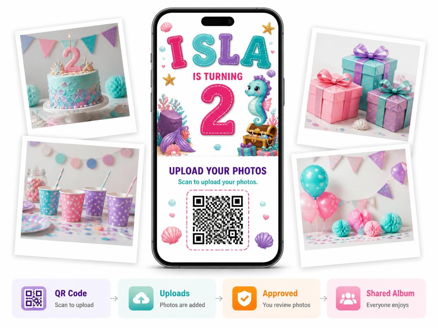 The shared photo gallery that comes with the Seahorse Stitched 2nd Birthday Invitation invitation