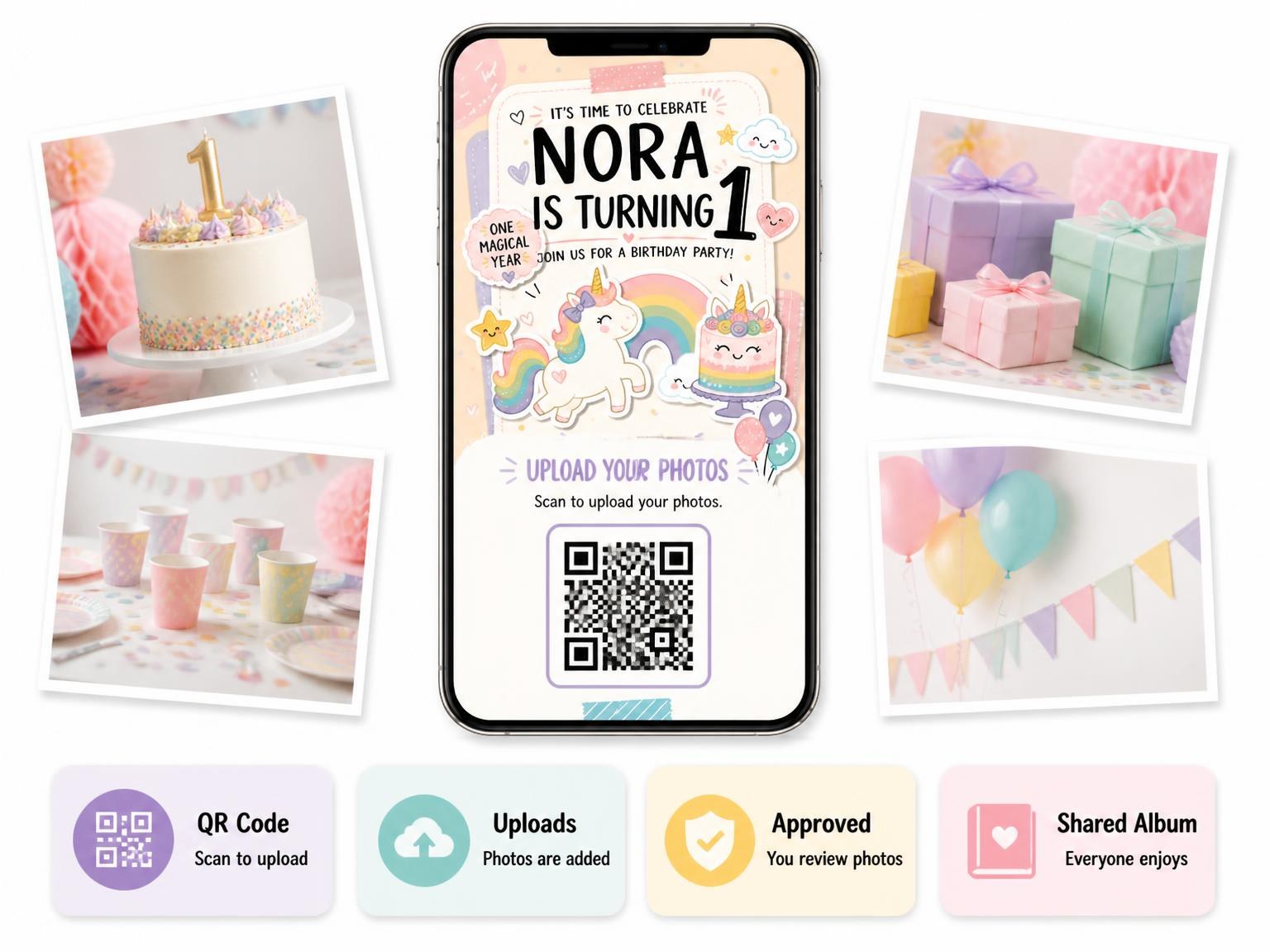 The shared photo gallery that comes with the Rainbow Clouds Pastel 1st Birthday Invitation invitation