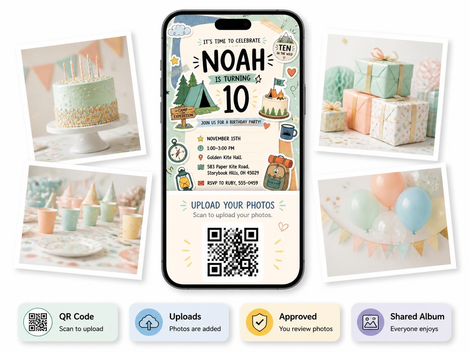 The shared photo gallery that comes with the Pastel Camping Expedition 10th Birthday Invitation invitation