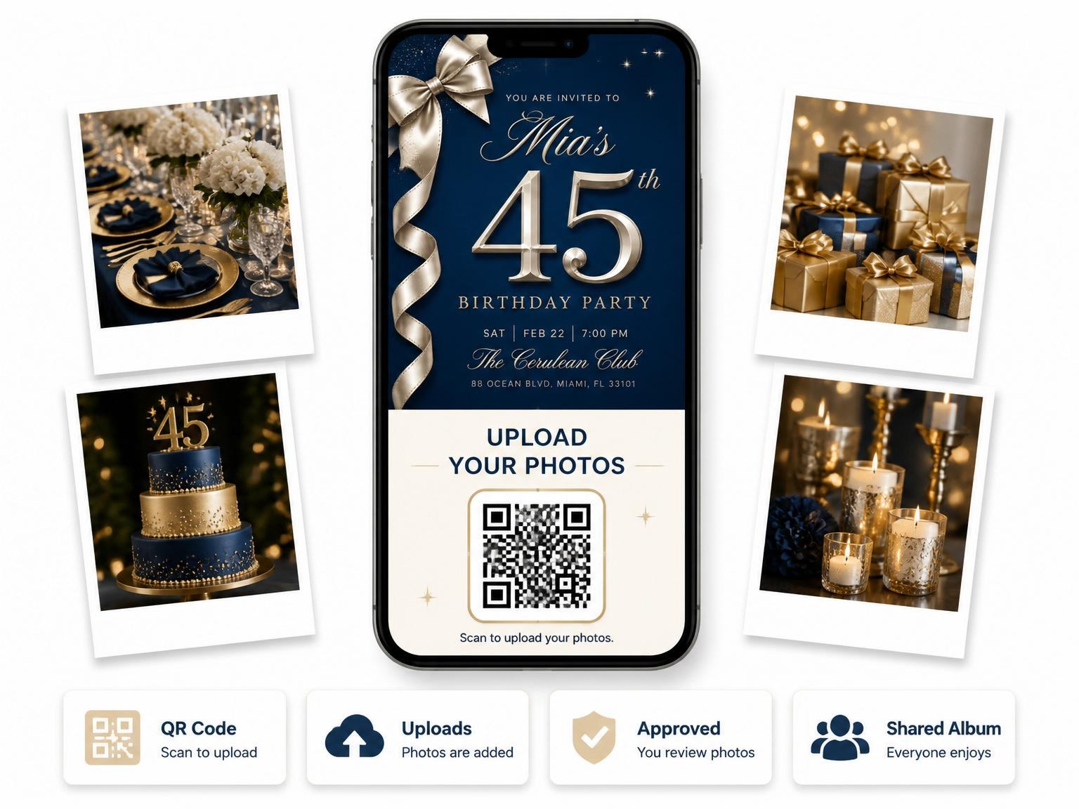 The shared photo gallery that comes with the Navy Champagne Ribbon 45th Birthday invitation