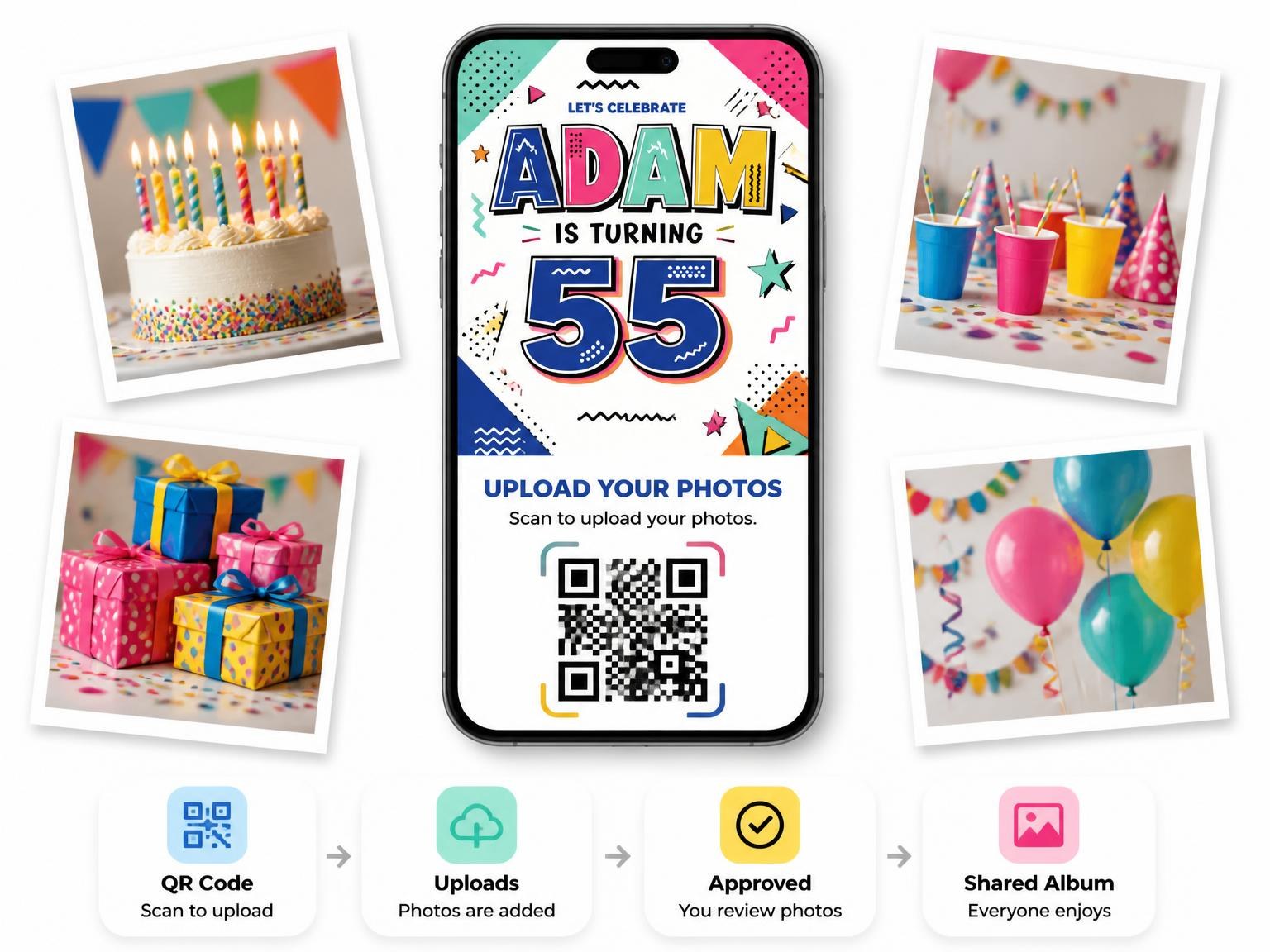 The shared photo gallery that comes with the Memphis Pop 55th Birthday Invitation invitation