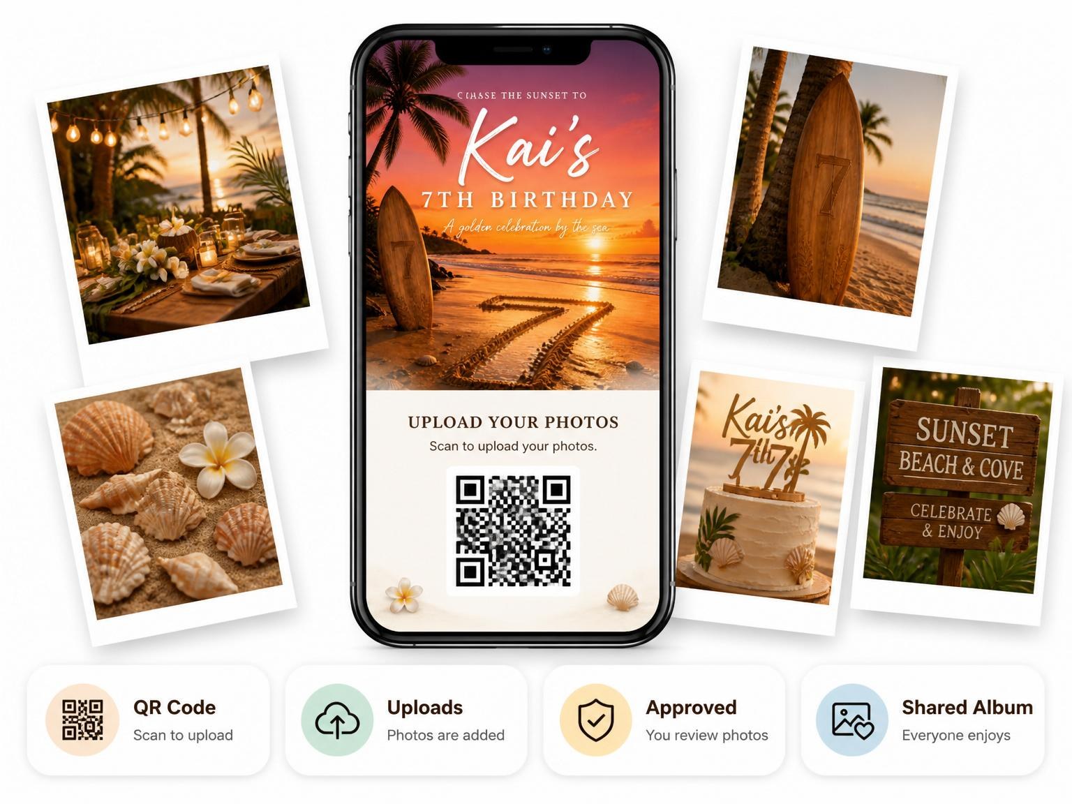 The shared photo gallery that comes with the Tropical Sunset Surfboard Beach 7th Birthday invitation