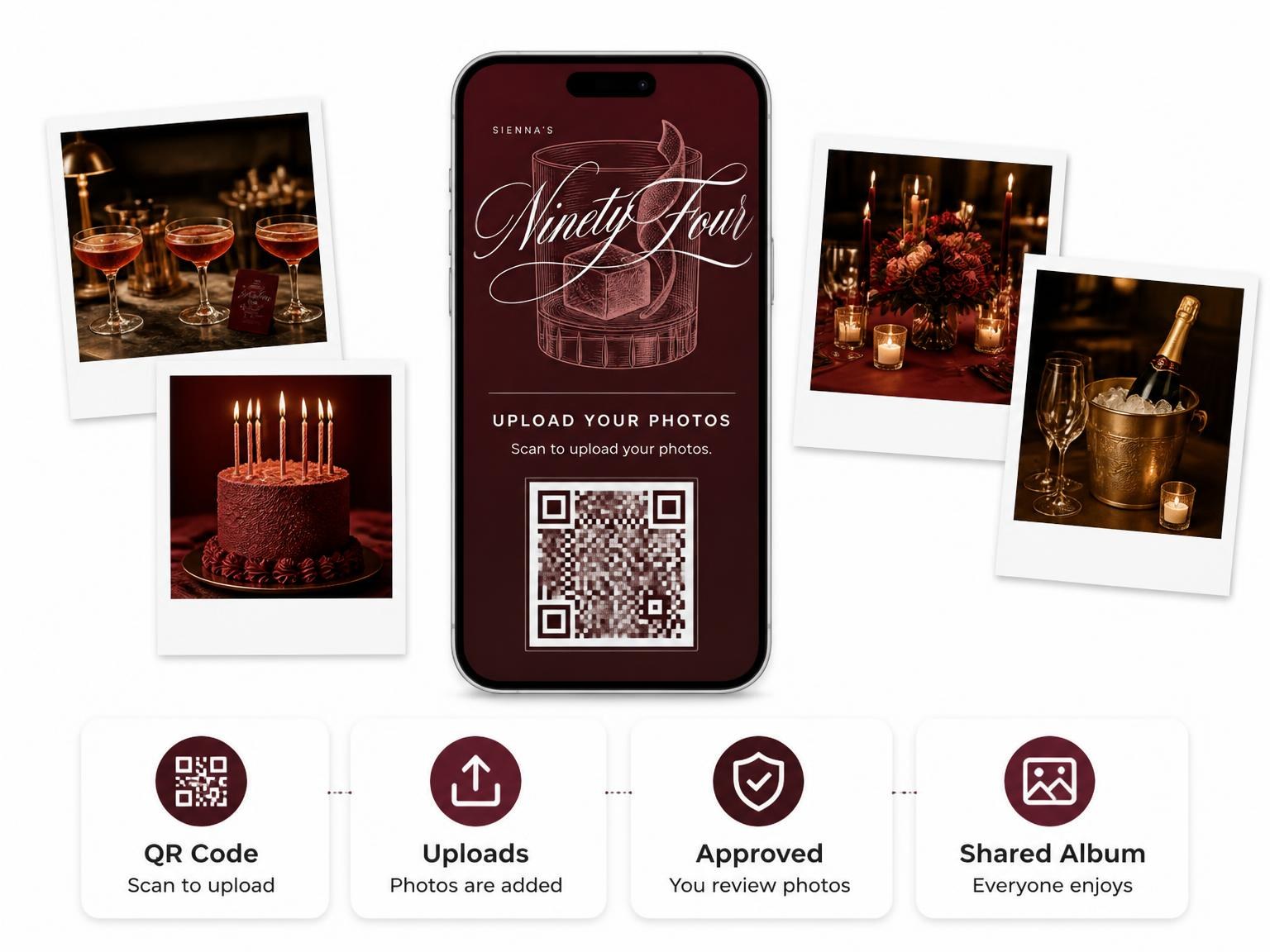 The shared photo gallery that comes with the Burgundy Cocktail 94th Birthday Invitation invitation