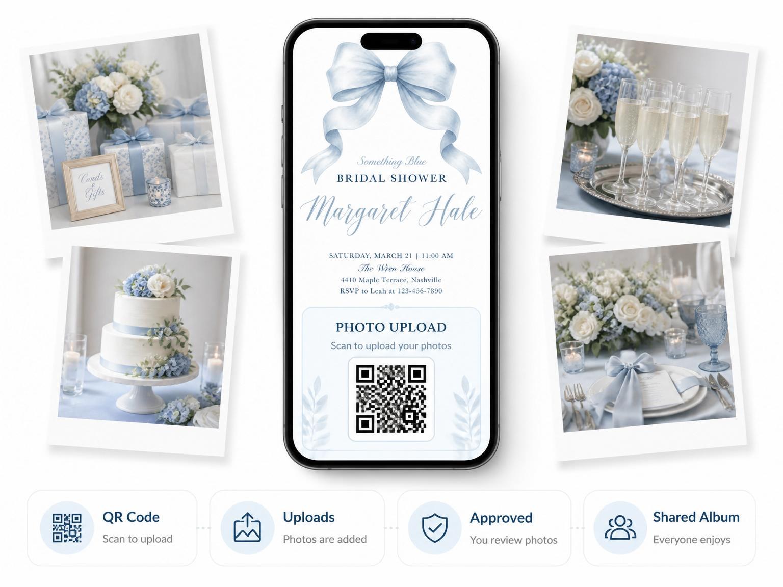 The shared photo gallery that comes with the Soft Blue Watercolor Bow Bridal Shower invitation
