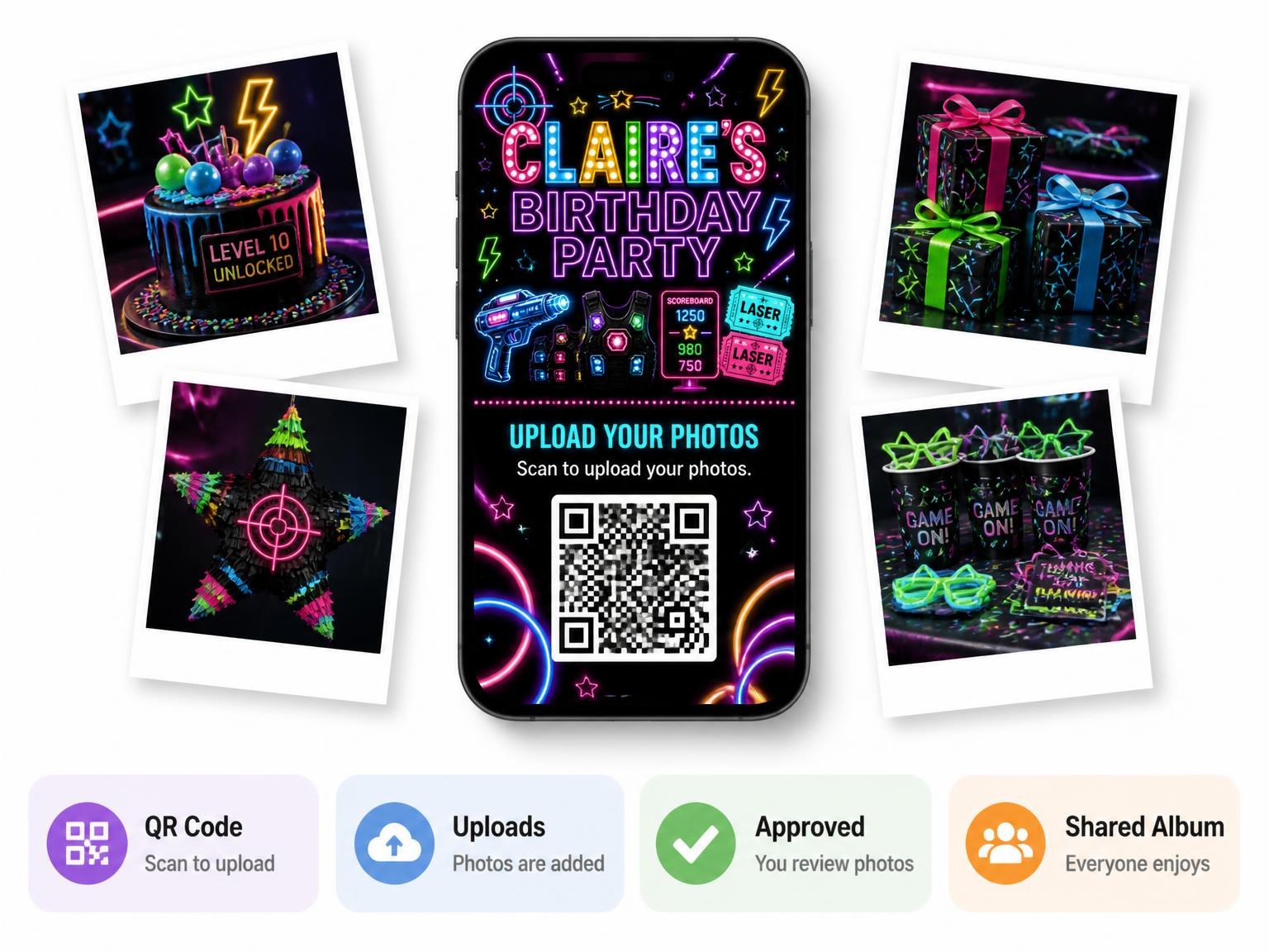 The shared photo gallery that comes with the Neon Laser Tag 20th Birthday Invitation invitation