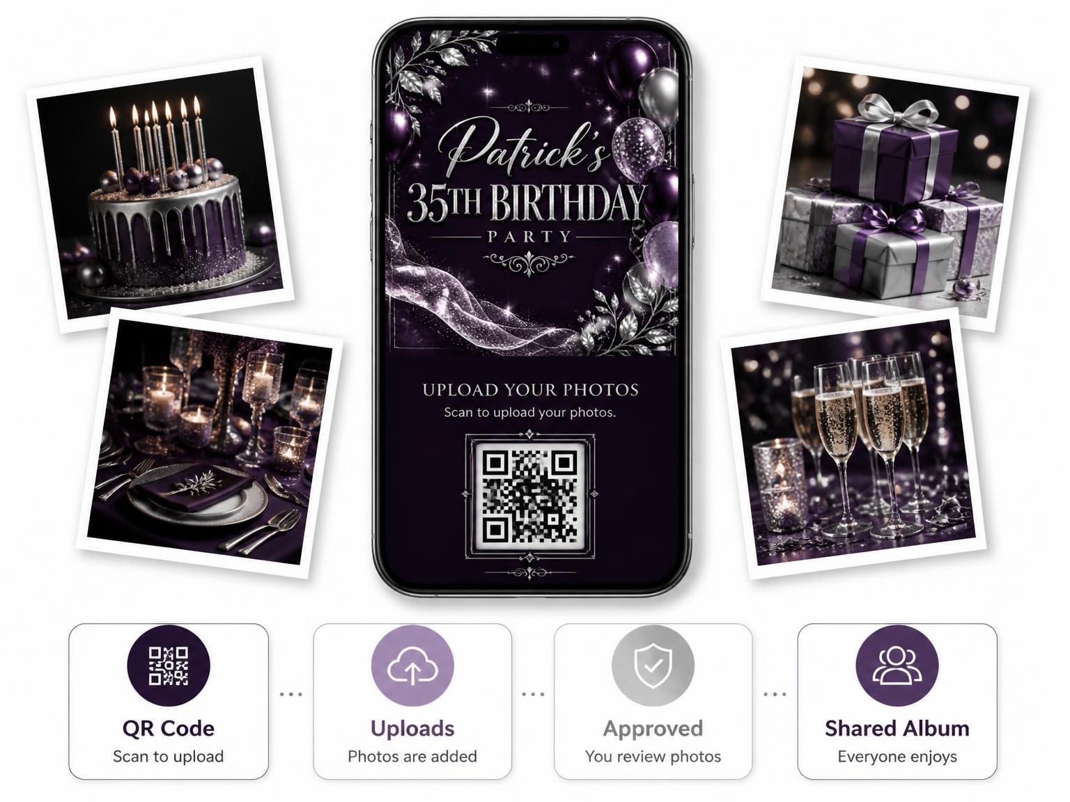 The shared photo gallery that comes with the Plum and Silver 35th Birthday Invitation invitation