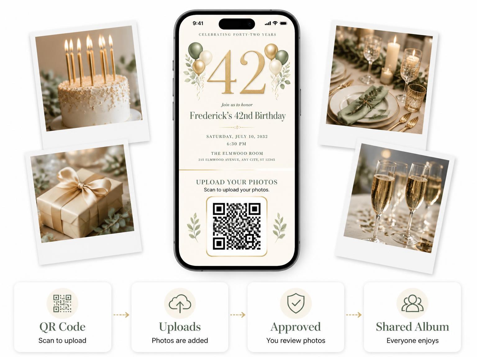 The shared photo gallery that comes with the Sage and Ivory 42nd Birthday Invitation invitation
