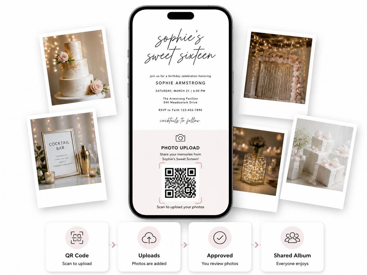The shared photo gallery that comes with the Minimalist Black and White Sweet Sixteen invitation