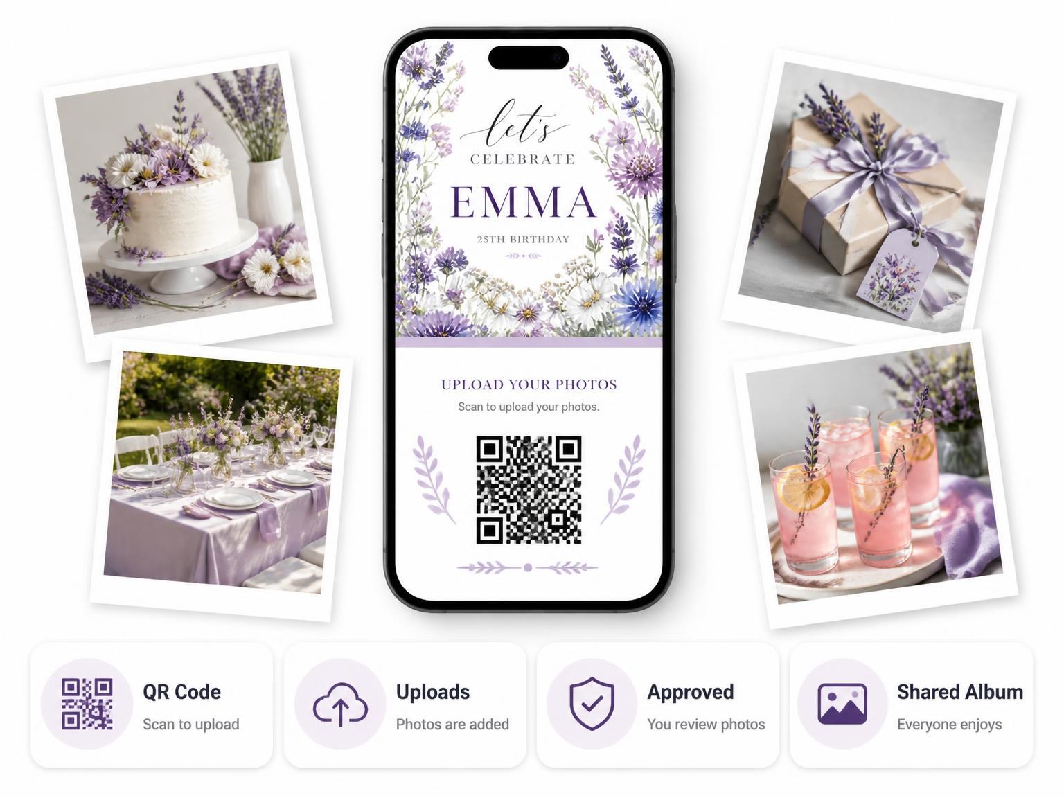 The shared photo gallery that comes with the Lavender Wildflower Meadow 25th Birthday Invitation invitation