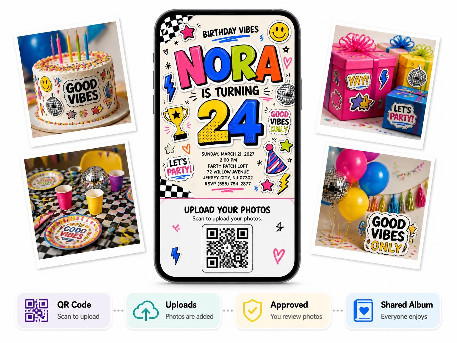 The shared photo gallery that comes with the Sticker Pop 24th Birthday Invitation invitation