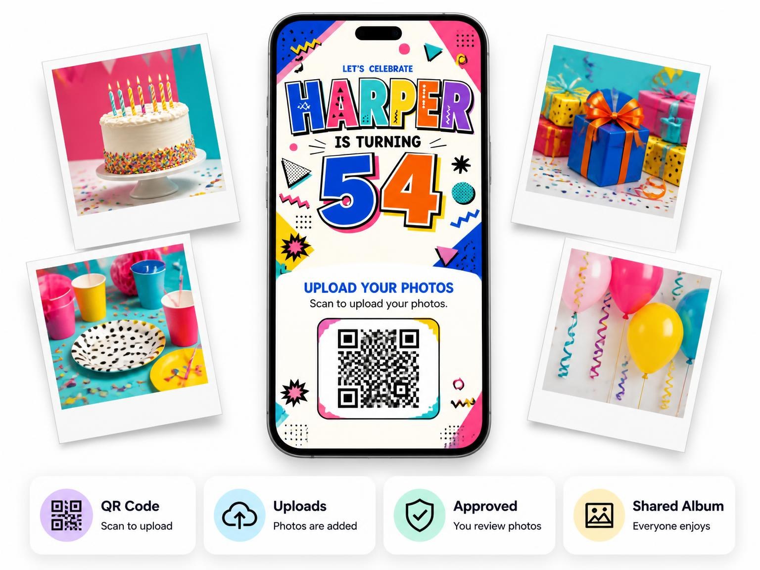 The shared photo gallery that comes with the Memphis Pop 54th Birthday Invitation invitation