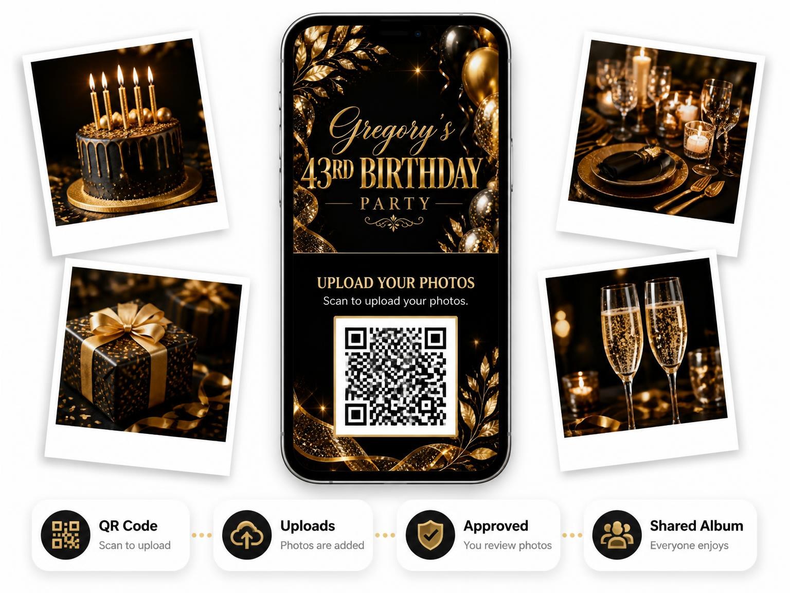 The shared photo gallery that comes with the Black and Gold 43rd Birthday Invitation invitation