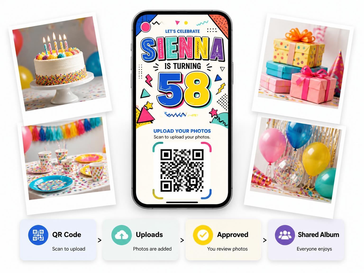 The shared photo gallery that comes with the Memphis Pop 58th Birthday Invitation invitation