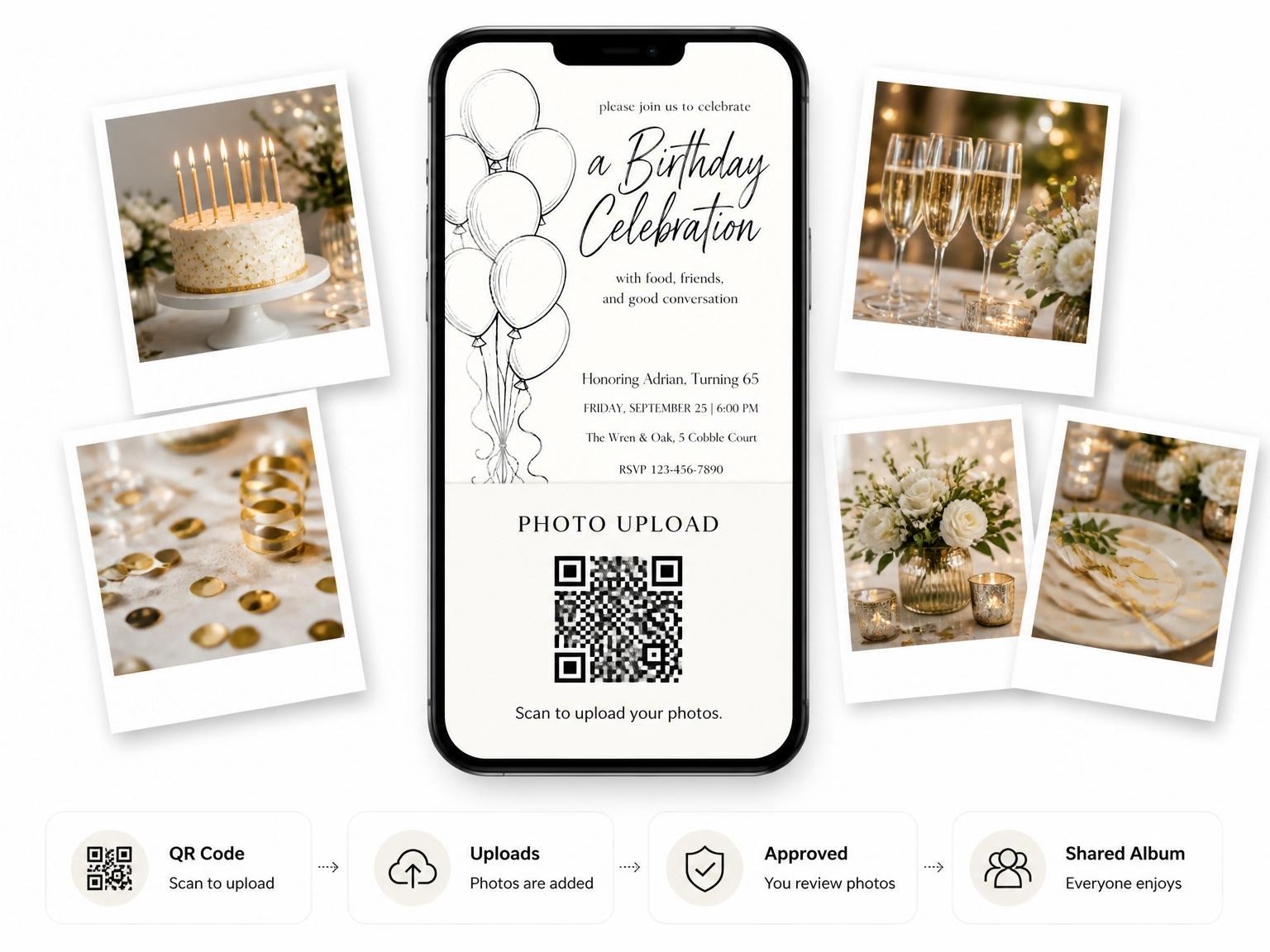 The shared photo gallery that comes with the Cream and Black Balloon 65th Birthday invitation