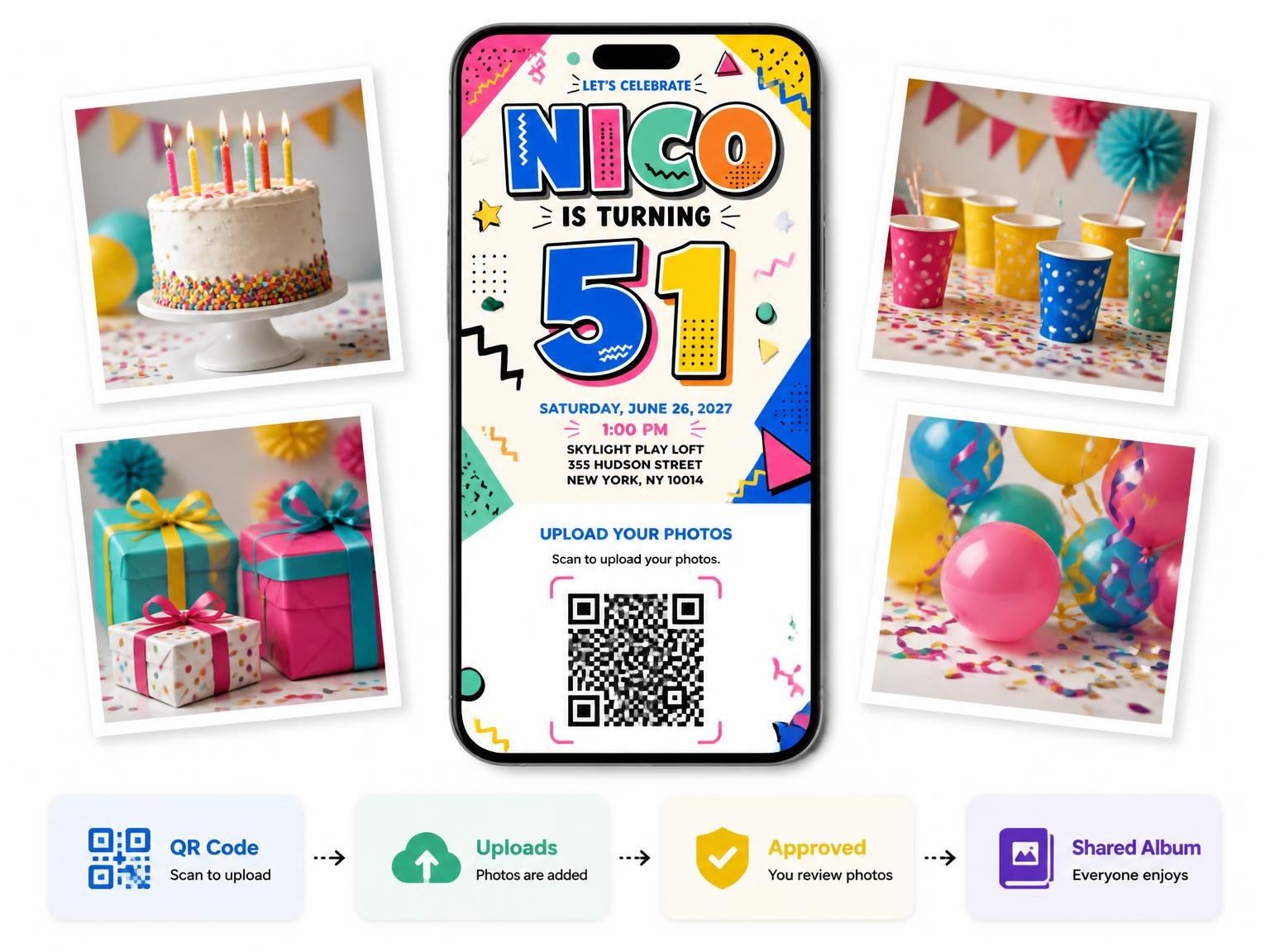 The shared photo gallery that comes with the Memphis Pop 51st Birthday Invitation invitation