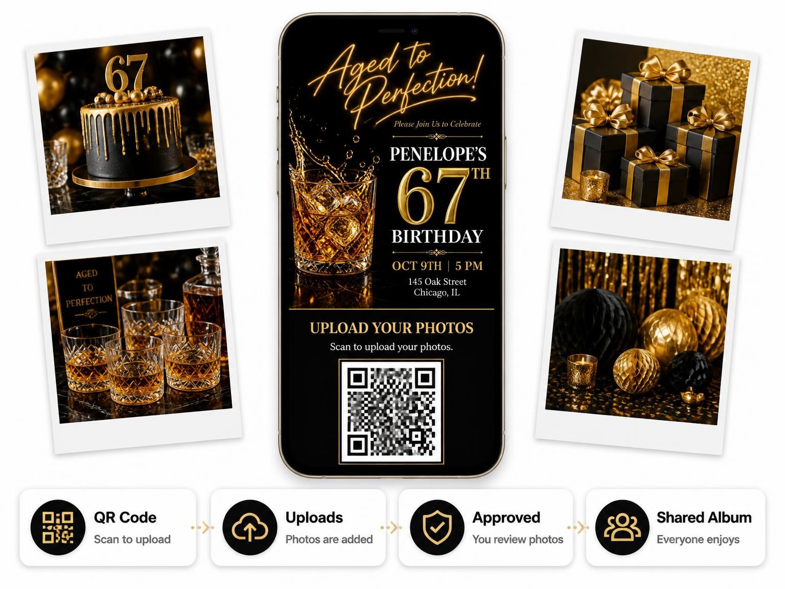 The shared photo gallery that comes with the Whiskey Glass 67th Birthday Invitation invitation