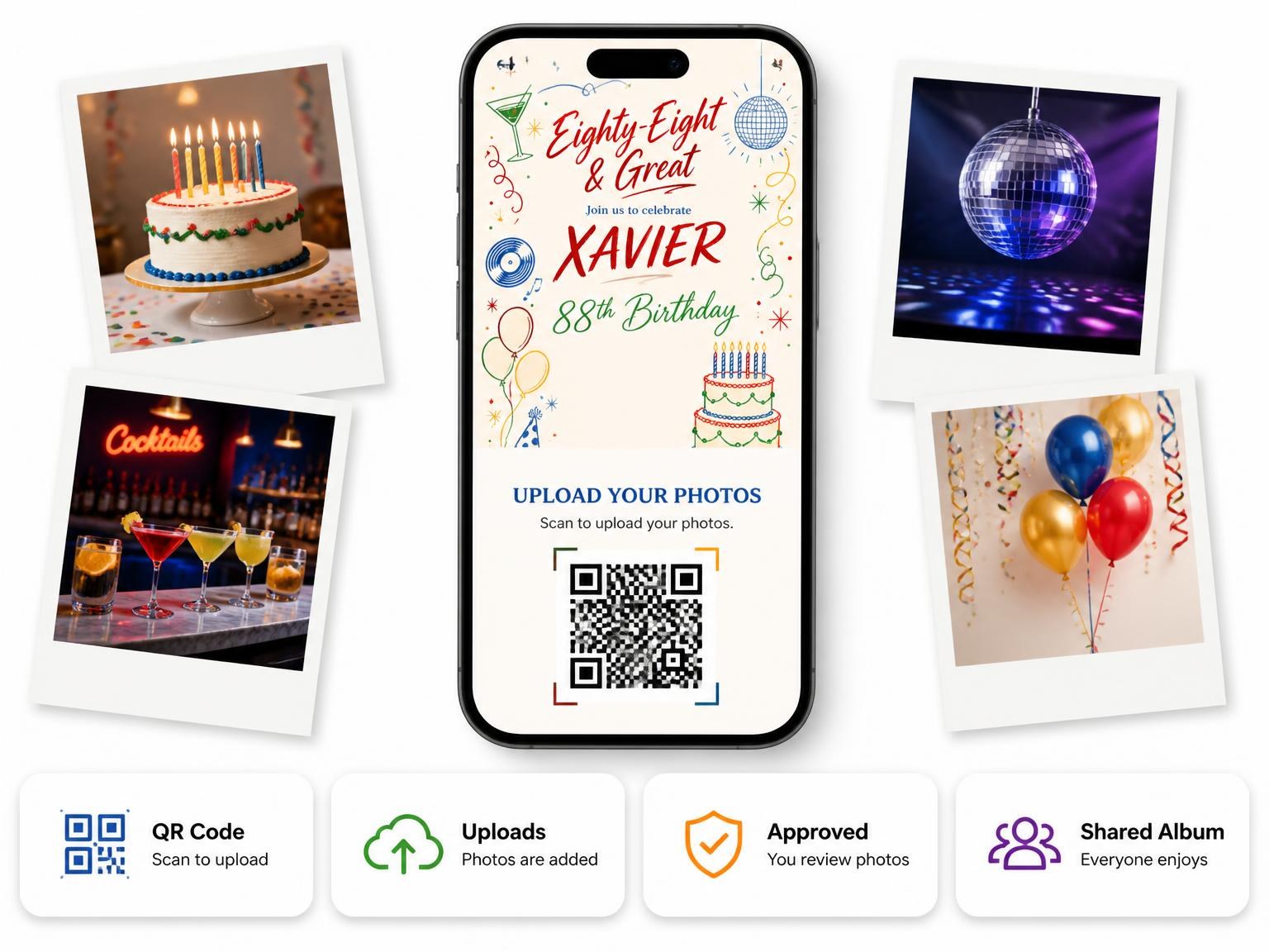 The shared photo gallery that comes with the Retro Doodle 88th Birthday Invitation invitation