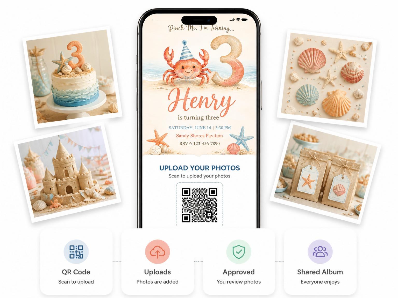 The shared photo gallery that comes with the Watercolor Crab Beach 3rd Birthday invitation