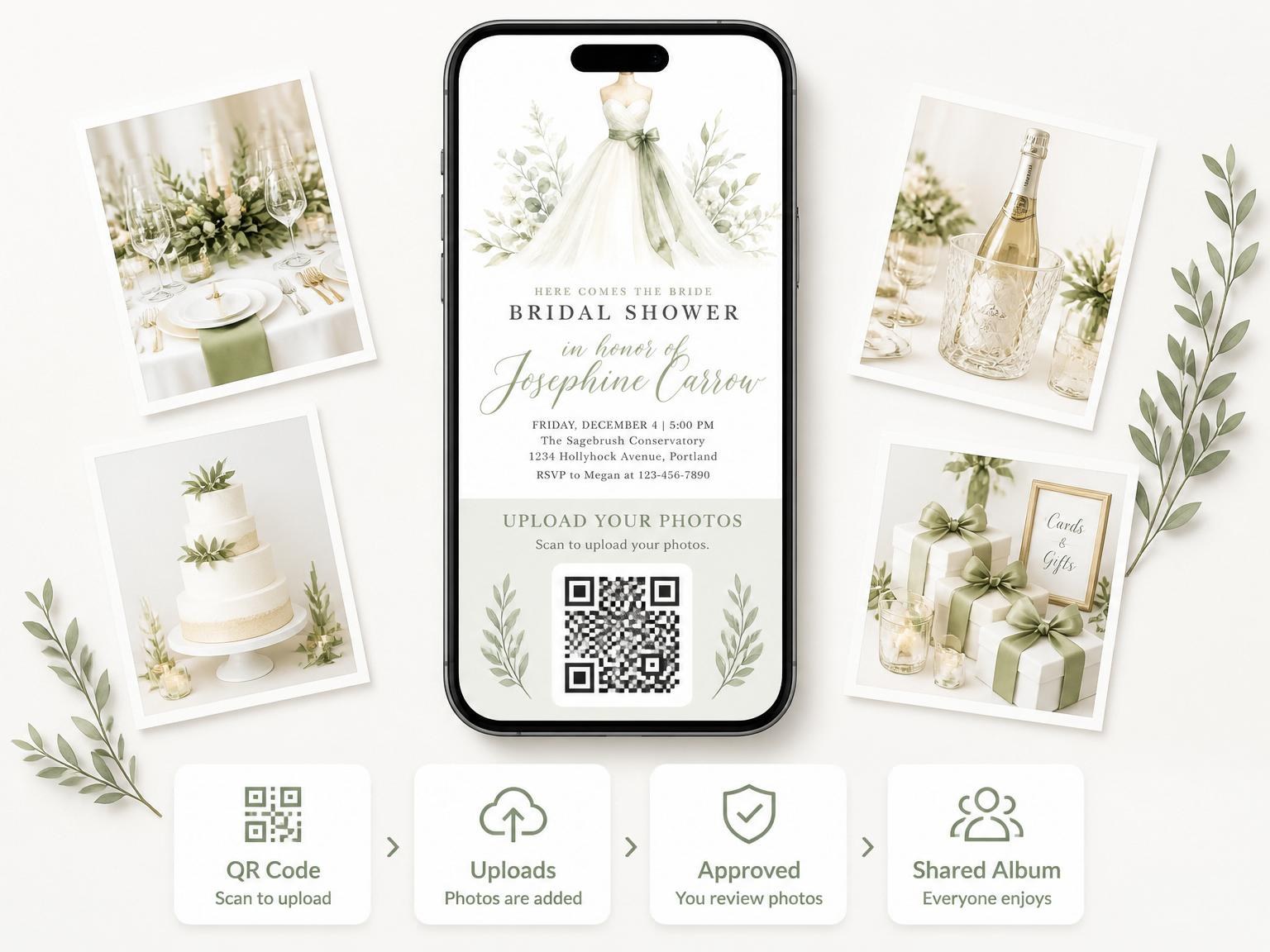 The shared photo gallery that comes with the Sage Watercolor Dress Bridal Shower invitation