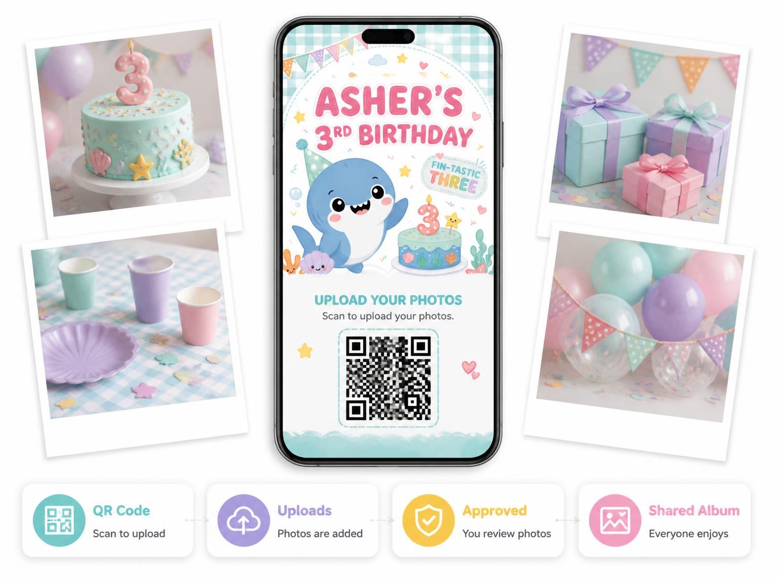 The shared photo gallery that comes with the Pastel Shark 3rd Birthday Invitation invitation
