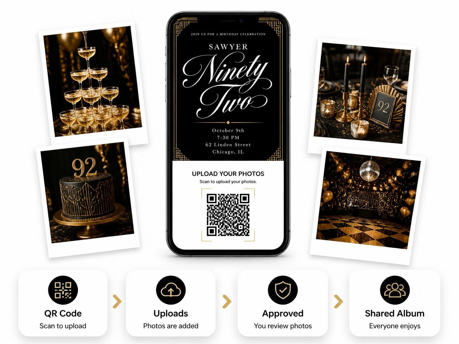 The shared photo gallery that comes with the Art Deco 92nd Birthday Invitation invitation