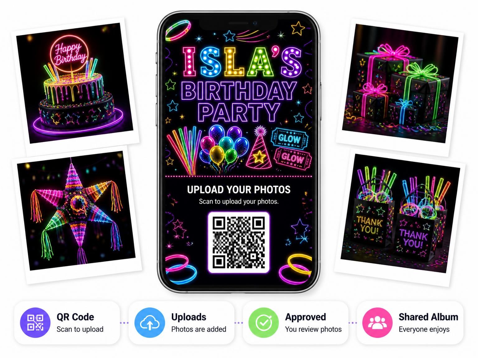 The shared photo gallery that comes with the Neon Glow Party 21st Birthday Invitation invitation