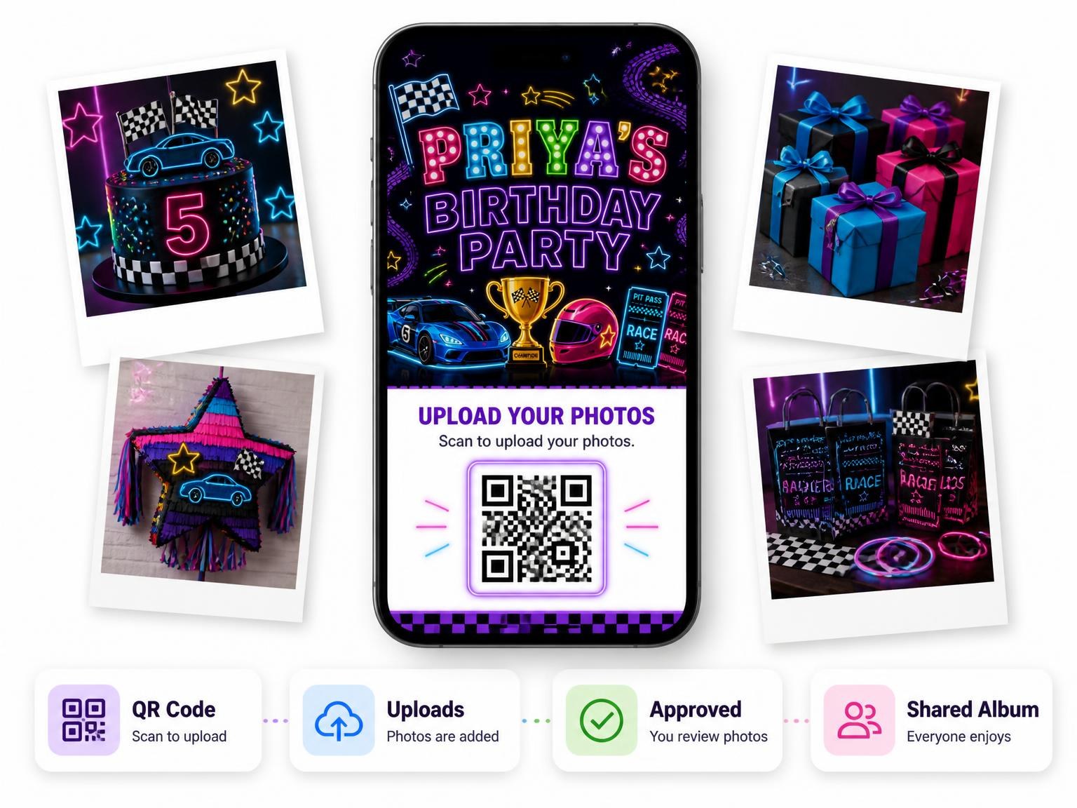 The shared photo gallery that comes with the Neon Race Cars 5th Birthday Invitation invitation