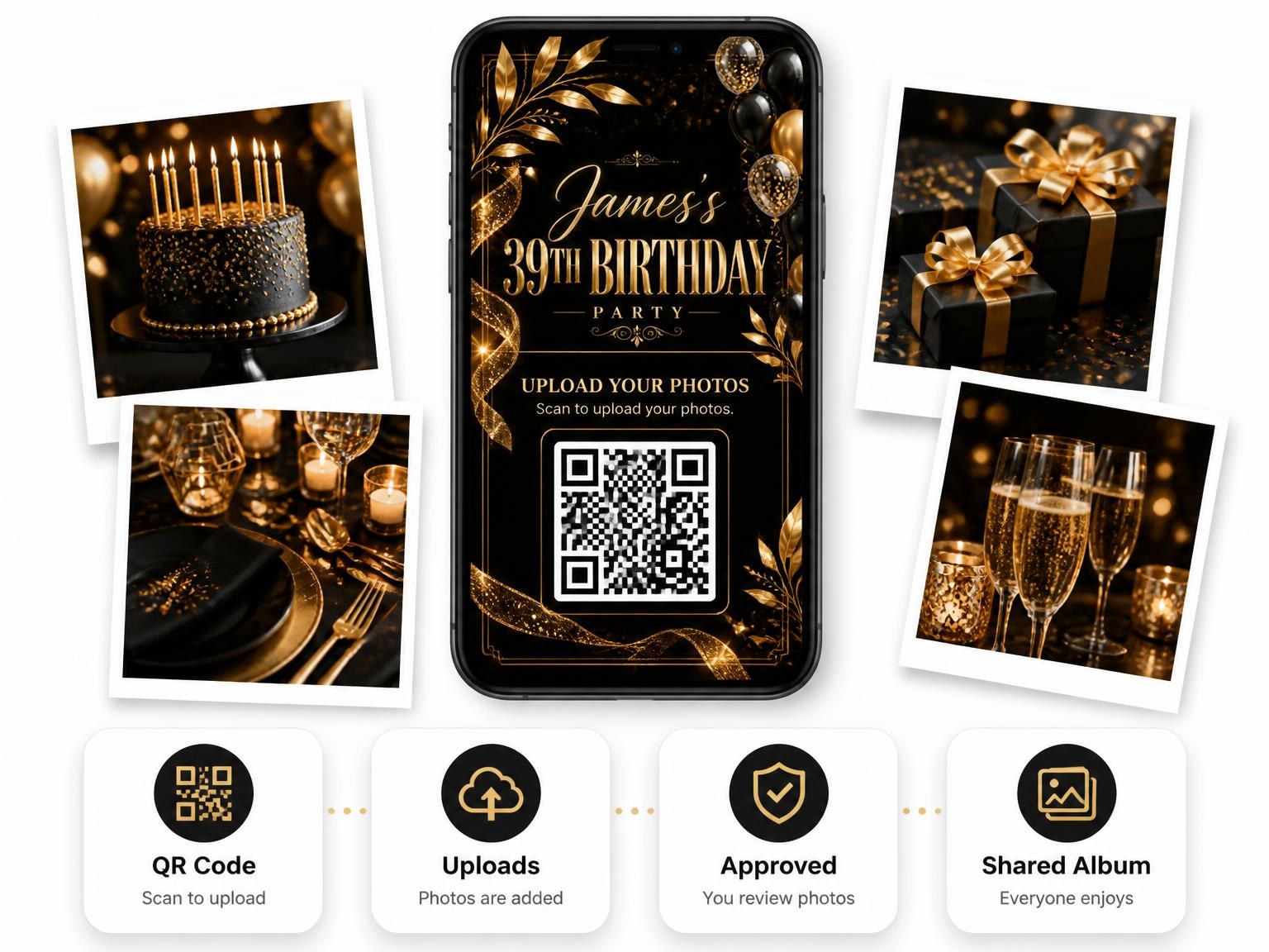The shared photo gallery that comes with the Black and Gold 39th Birthday Invitation invitation