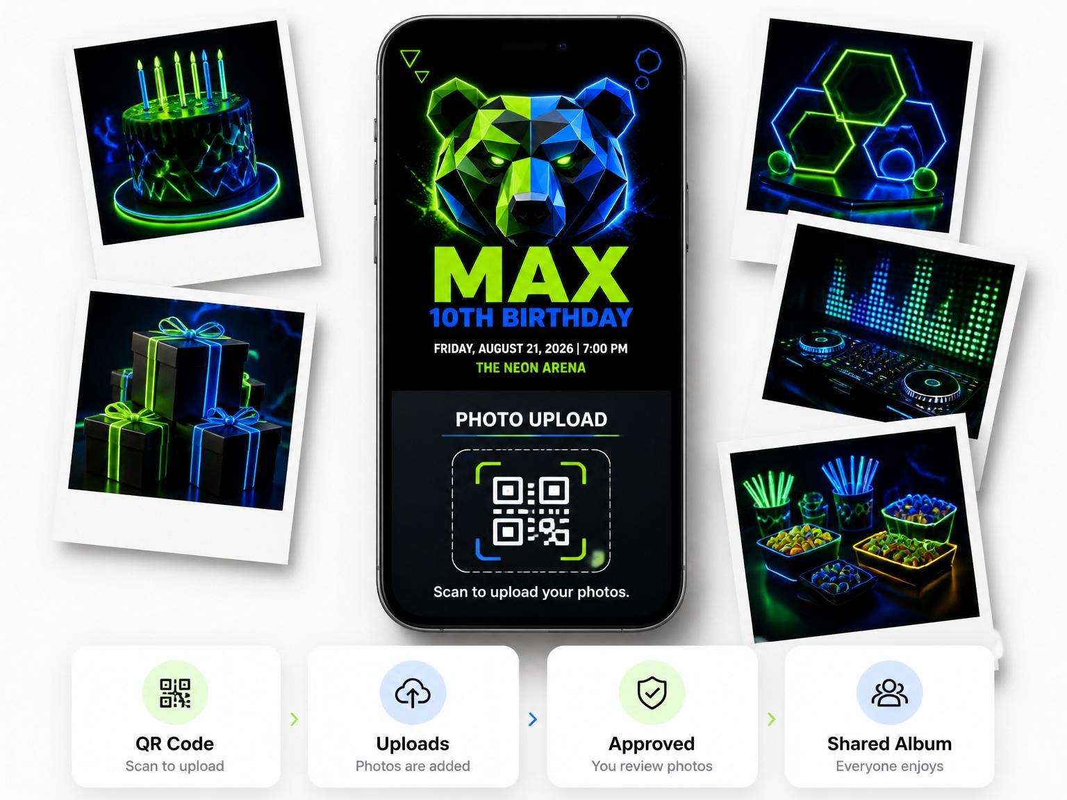 The shared photo gallery that comes with the Neon Geometric Bear 10th Birthday invitation
