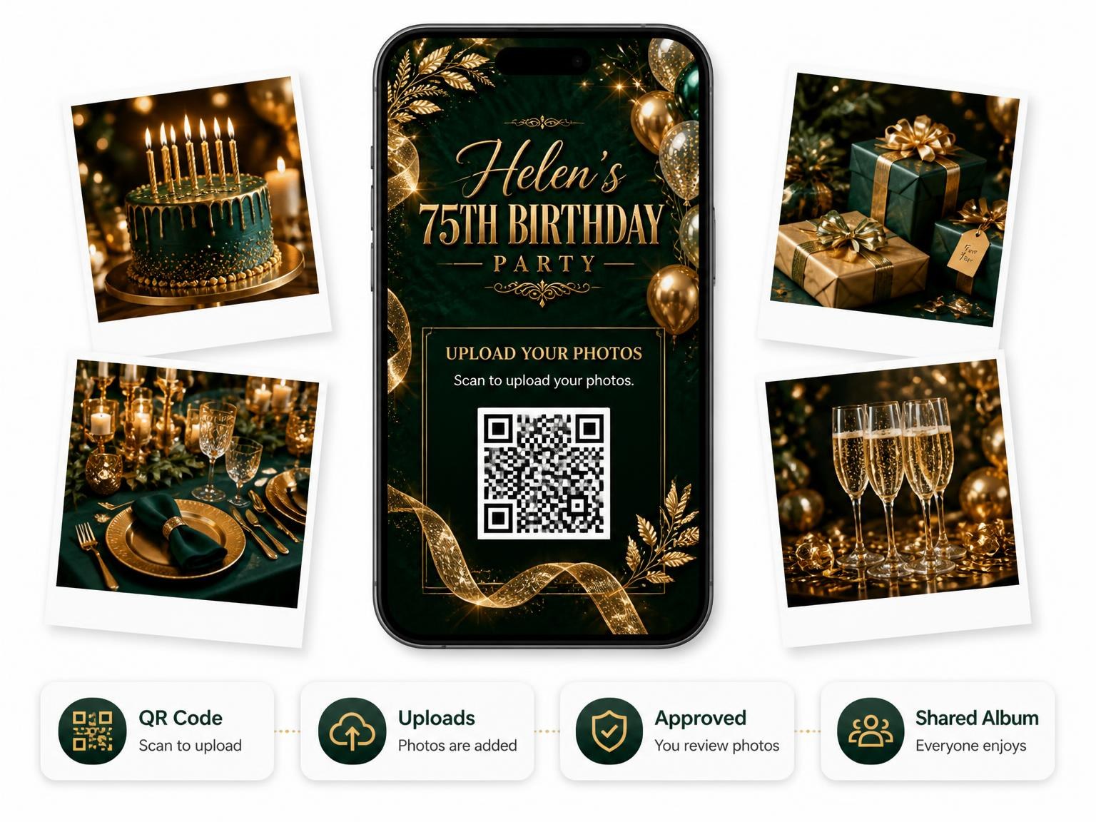 The shared photo gallery that comes with the Emerald and Champagne 75th Birthday Invitation invitation