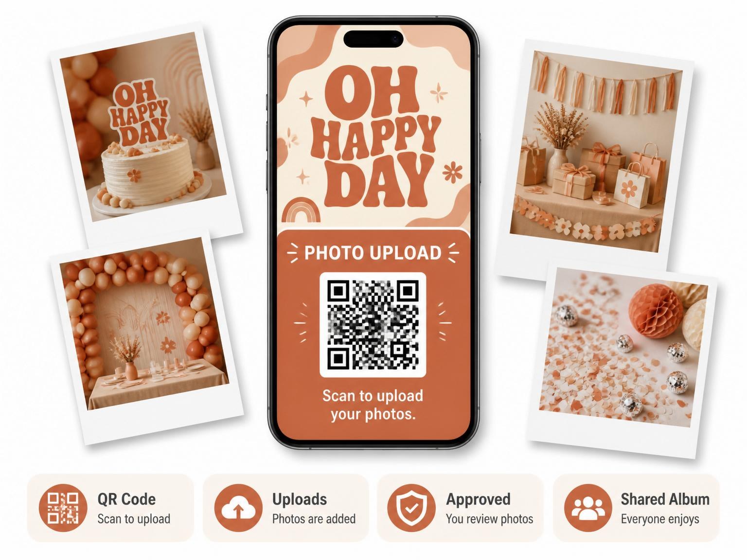 The shared photo gallery that comes with the Terracotta Retro Typography First Birthday invitation