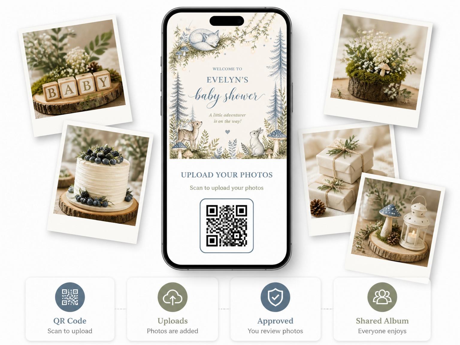 The shared photo gallery that comes with the Watercolor Woodland Forest Baby Shower invitation