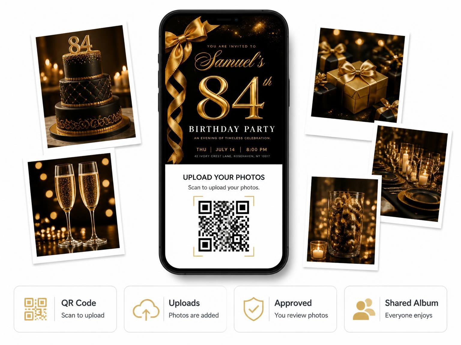 The shared photo gallery that comes with the Black and Gold Ribbon 84th Birthday invitation