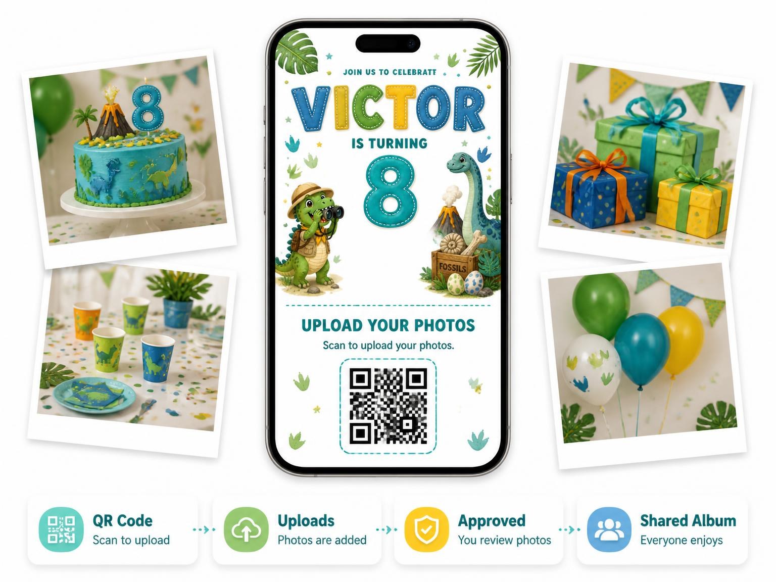 The shared photo gallery that comes with the Dinosaur Explorer 8th Birthday Invitation invitation