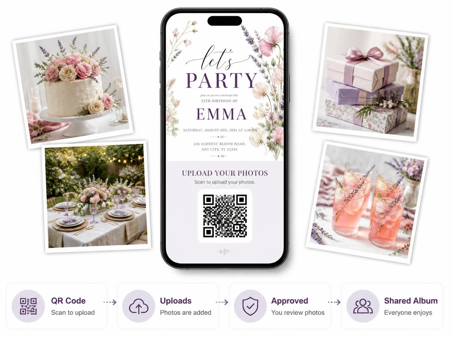 The shared photo gallery that comes with the Botanical Blush 25th Birthday Invitation invitation
