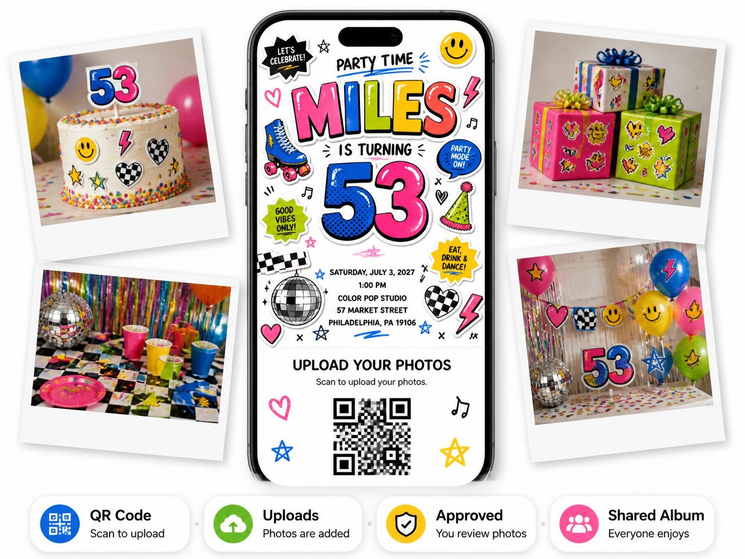 The shared photo gallery that comes with the Sticker Pop 53rd Birthday Invitation invitation