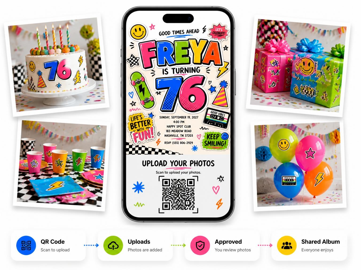 The shared photo gallery that comes with the Sticker Pop 76th Birthday Invitation invitation