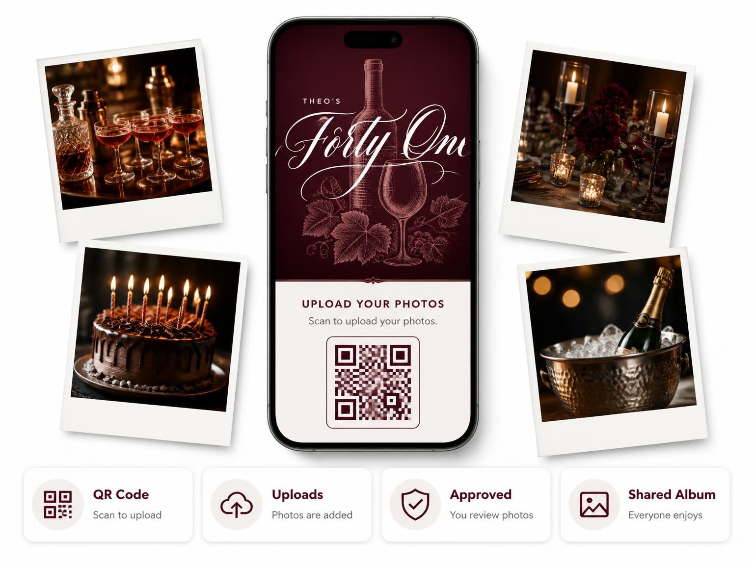 The shared photo gallery that comes with the Burgundy Cocktail 41st Birthday Invitation invitation