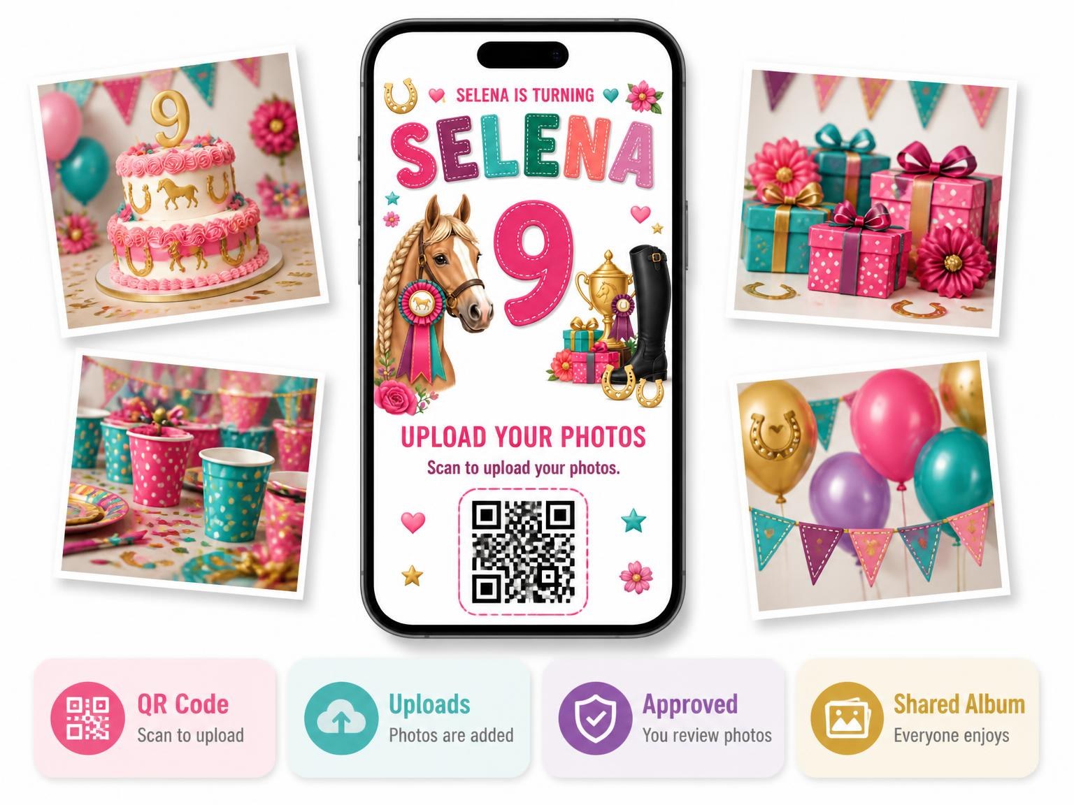 The shared photo gallery that comes with the Stitched Equestrian Trophy 9th Birthday Invitation invitation