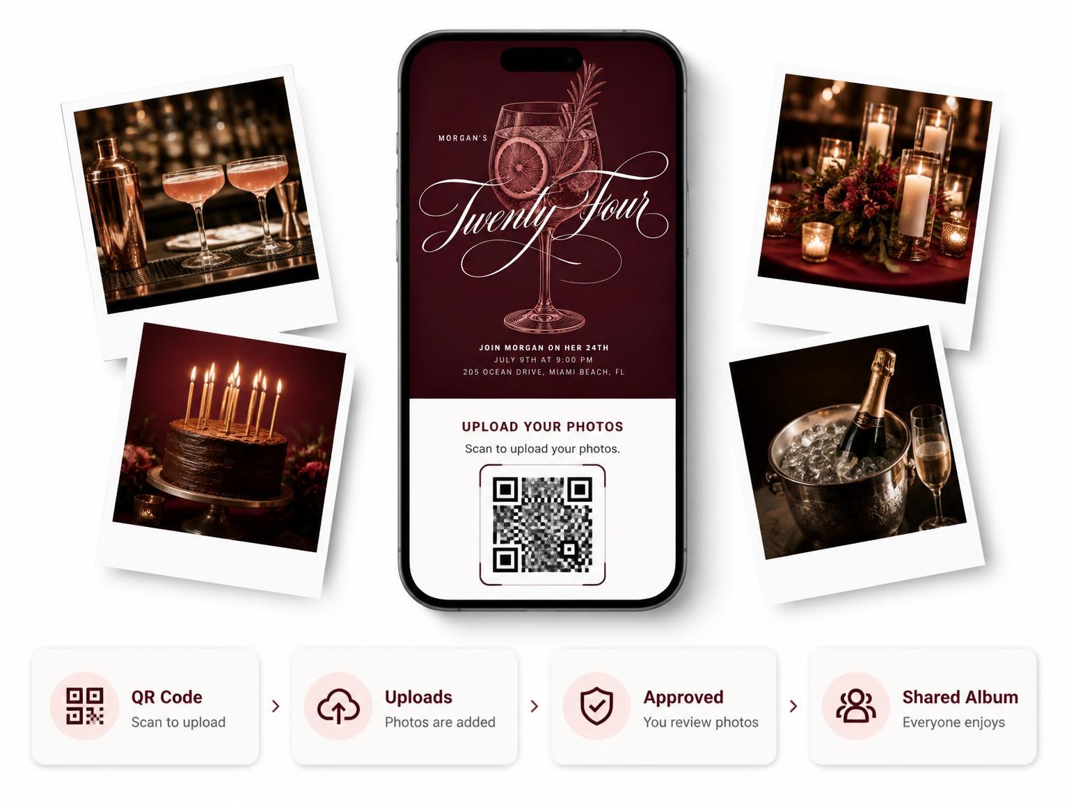The shared photo gallery that comes with the Burgundy Cocktail 24th Birthday Invitation invitation
